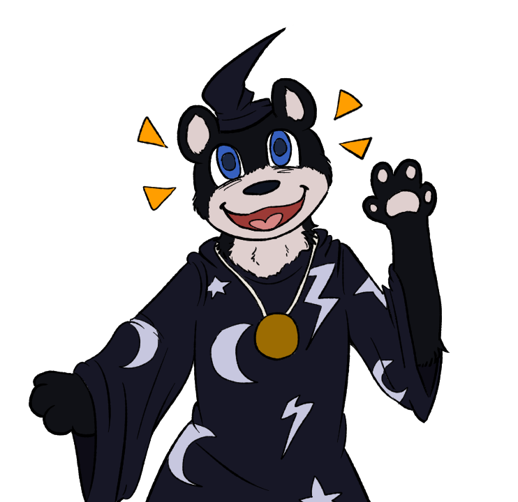 transparent png of a cartoon drawing of fuzzy wuzzy wizzerd waving and smiling. he is a black and white bear in a wizard outfit with a gold medallion on his neck.